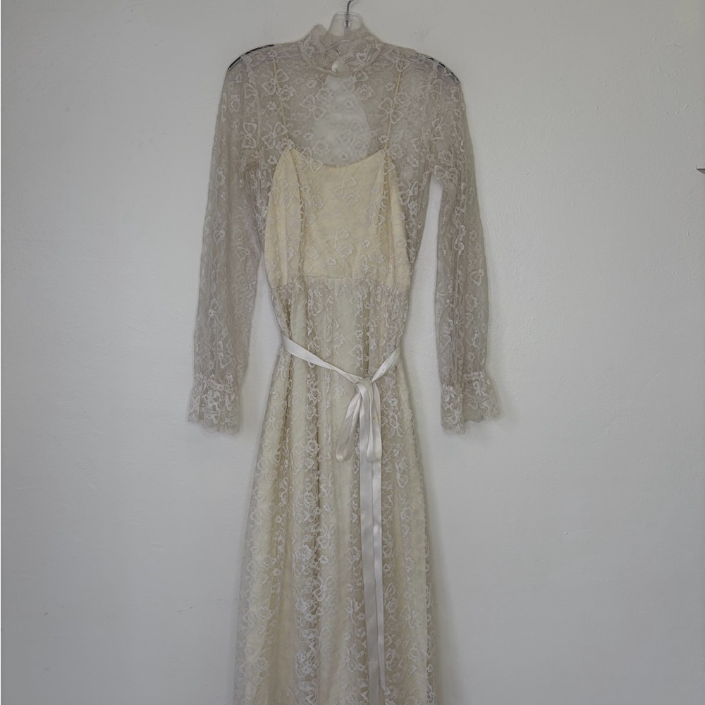 Vintage Lace Overlay Dress with Satin Belt